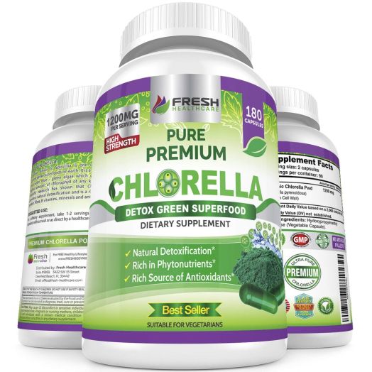 Organic Chlorella Capsules 100% Vegetarian 180 Pure Vegan Powder Capsules No.1 Source of Chlorophyll and CGF-1200mg Natural Detox Superfood - Rich in B Vitamins, Minerals and Protein-Cracked Cell Wall