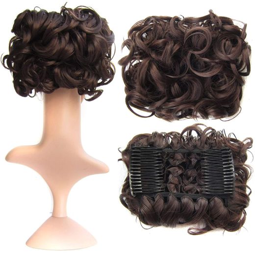 SWACC Short Messy Curly Dish Hair Bun Extension Easy Stretch hair Combs Clip in Ponytail Extension Scrunchie Chignon Tray Ponytail Hairpieces (Dark Brown-4#)