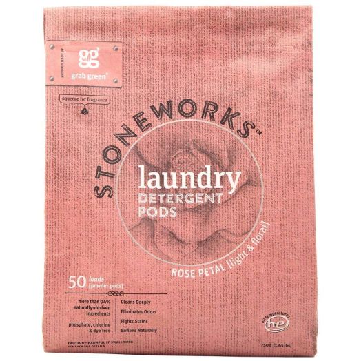 Grab Green Stoneworks Natural Laundry Detergent Powder Pods, Rose Petal, 50 loads
