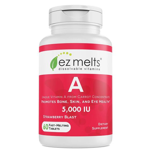 EZ Melts A as Retinol from Carrot Concentrate, 5,000 IU, Sublingual Vitamins, Vegan, Zero Sugar, Natural Strawberry Flavor, 60 Fast Dissolve Tablets