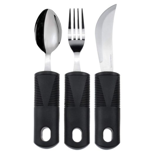 Adaptive Utensil Set by Vive - Arthritis Aid Silverware for Parkinsons, Hand Tremors - Easy Grip for Shaking and Trembling Hands - Heavy Stainless Steel Spoon, Fork and Serated Knife - Non Weighted