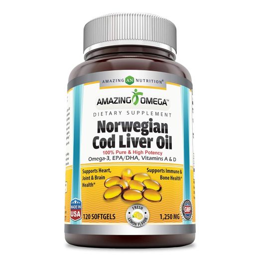 Amazing Omega Norwegian Cod Liver Oil - 1250 mg, 120 Softgels - Purest and Best Quality Cod liver Oil, Extracted Under Strict Quality Standards From Around The Waters of Norway (Fresh Lemon Flavor)