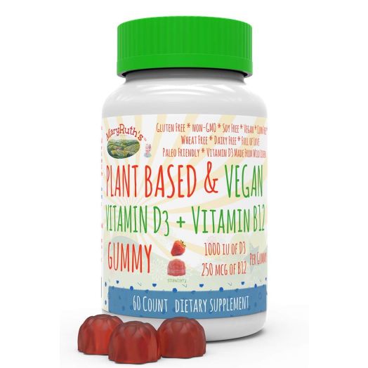 Vegan Vitamin D3+B12 Gummy (Plant-Based) by MaryRuth's Made from Lichen! Non-GMO Vegan Paleo Friendly Gluten Free for Men, Women and Children 1000 IUs of Vitamin D3 and 250 mcg of Vitamin B12 60 Count