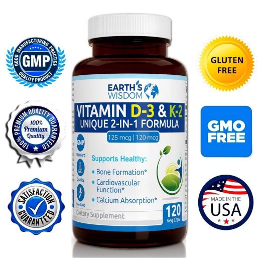 Premium and Potent Blend of Vitamin D3 (5000 IU/125 mcg) with K2/MK7 (120 mcg) Supplement  Natural Formula  120 Veggie Capsules  100% Non-GMO  100% Soy and Gluten Free  Manufactured in USA