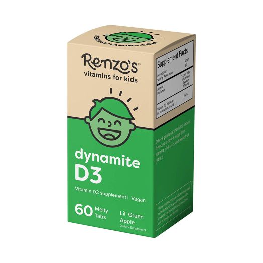 Renzo's Dynamite D3, Vegan Dissolvable Vitamins for Kids, Zero Sugar, Lil' Green Apple Flavor, 60 Melty Tabs