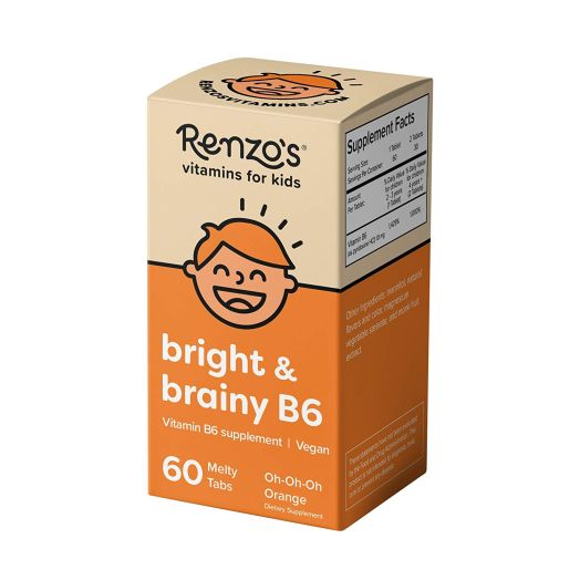 Renzo's Bright and Brainy B6, Vegan Dissolvable Vitamins for Kids, Zero Sugar, Oh-Oh-Oh Orange Flavor, 60 Melty Tabs