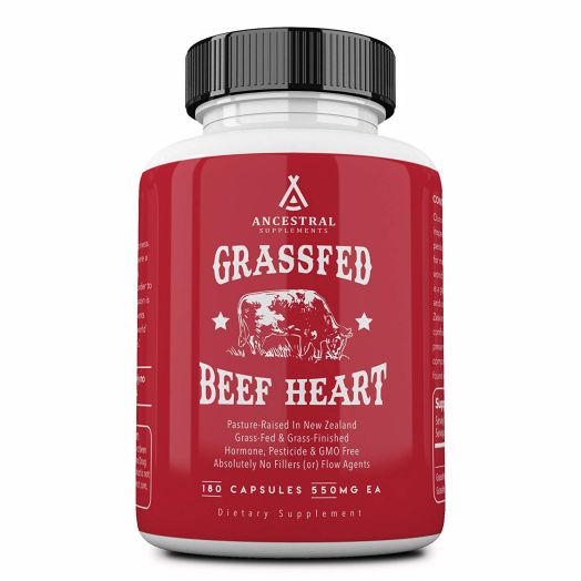 Ancestral Supplements Grass Fed Beef Heart (Desiccated) Natural CoQ10, Supports Heart, Mitochondrial and Blood Pressure Health (180 capsules)