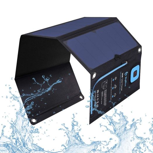 BigBlue 5V 28W Solar Charger with Digital Ammeter Waterproof Foldable Dual USB Ports Solar Battery Charger for iPhone 8/X/7/6s, iPad Pro/Air 2/Mini, Galaxy S8/S7/S6/Edge/Plus, LG, Nexus, HTC