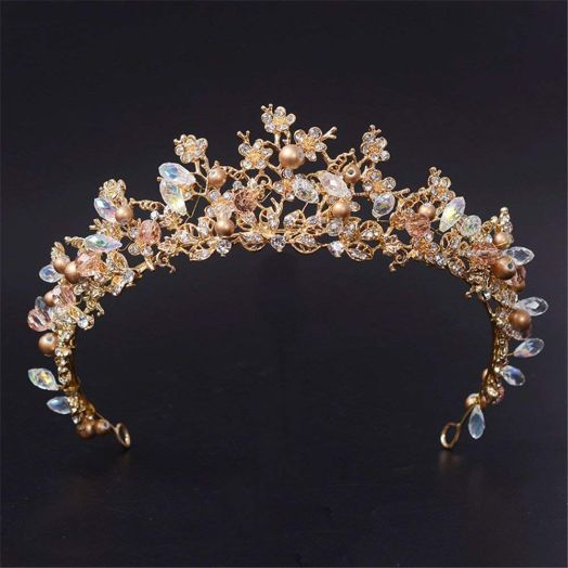 Crystal Rhinestone Crown Gold Tiara for Women Pearl Flower Bridesmaid Hair Accessories