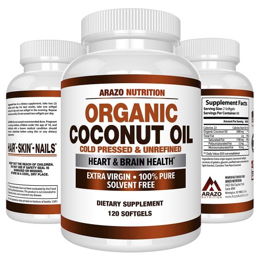 Organic Coconut Oil 2000mg - 100% Extra Virgin Cold Pressed for Weight Support, Skin, Hair, Nails - 120 Softgel Capsules - Arazo Nutrition
