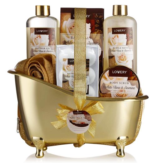 Spa Gift Basket, Luxury 13 Piece Bath and Body Set For Men and Women, White Rose and Jasmine Fragrance - Contains Shower Gel, Bubble Bath, Body Scrub, Bath Salt, 6 Bath Bombs, Pouf, Cosmetic Bag and Gold Tub