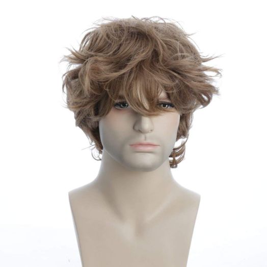 Karlery Mens Short Curly Fluffy Brown Wig with Bang Halloween Cosplay Wig Anime Costume Party Wig