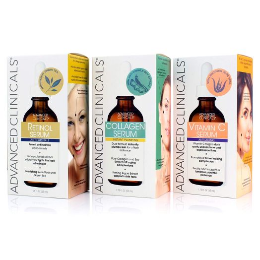 Advanced Clinicals Complete Skin Care Set with Anti-Aging Retinol Serum, Plumping Collagen Serum, and Vitamin C Serum for wrinkles, dark spots, and uneven skin tone. Three large 1.75oz bottles