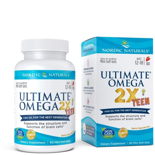 Nordic Naturals Ultimate Omega 2X Teen - Nordic Naturals Omega 3 Formula for Cognitive Development, Learning and Mood in Teenagers, Soft Gels - 60 Count