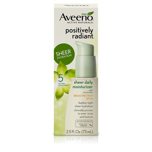 Aveeno Positively Radiant Sheer Daily Moisturizing Lotion for Dry Skin with Total Soy Complex and SPF 30 Sunscreen, Oil-Free and Non-Comedogenic, 2.5 fl. oz