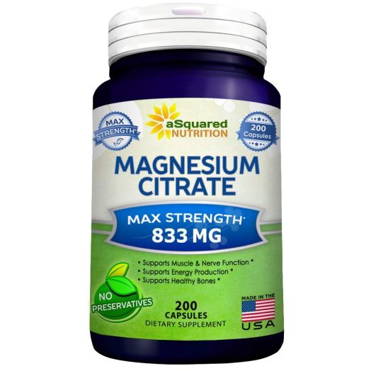 Pure Magnesium Citrate 833mg Supplement - 200 Capsules - Max Strength Mag Citrate Powder Pills to Support Function of Muscles, Heart and Bones - Helps Calm Nerves and Increase Energy