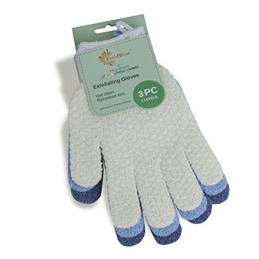 3 Distinct Levels, (3 Gloves) EvridWear Exfoliating Dual Texture Bath Gloves for Shower, Spa, Massage and Body Scrubs, Dead Skin Cell Remover, hanging loop, 3 Colors, (Not 3 pair)