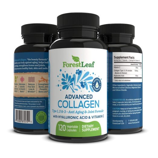 Advanced Collagen Supplement, Type 1, 2 and 3 with Hyaluronic Acid and Vitamin C - Anti Aging Joint Formula - Boosts Hair, Nails and Skin Health - 120 Veggie Capsules - by ForestLeaf