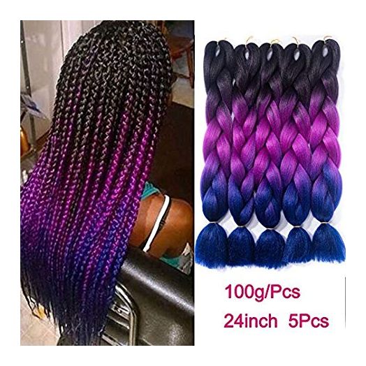 Ombre Braiding Hair Kanekalon Synthetic Braiding Hair Extensions Black-Purple-Blue Jumbo Braids 24inch 5pcs/lot