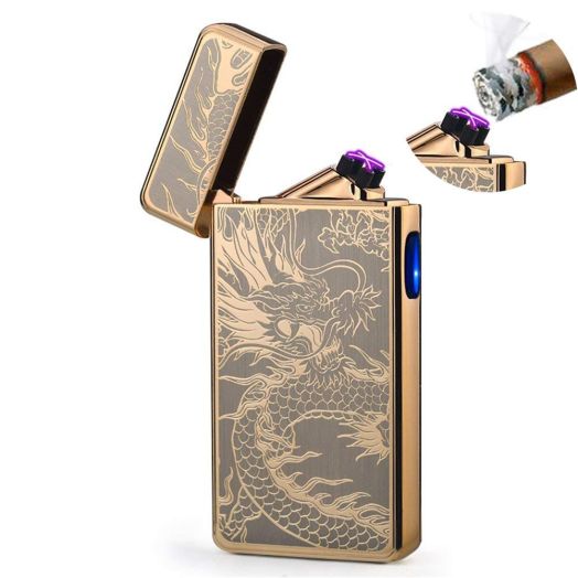 Dual Arc Plasma Lighter USB Rechargeable Windproof Flameless Butane Free Electric Lighter for Cigar,Cigarette,Candle (Gold Dragon)