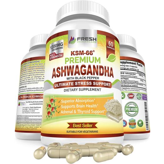 Organic Ashwagandha KSM-66 1200mg 100% Pure and Potent Root Extract w/Black Pepper for Superior Absorption for Premium Stress Relief, Anxiety and Thyroid Support Supplement - 60 Vegan KSM66 Capsules