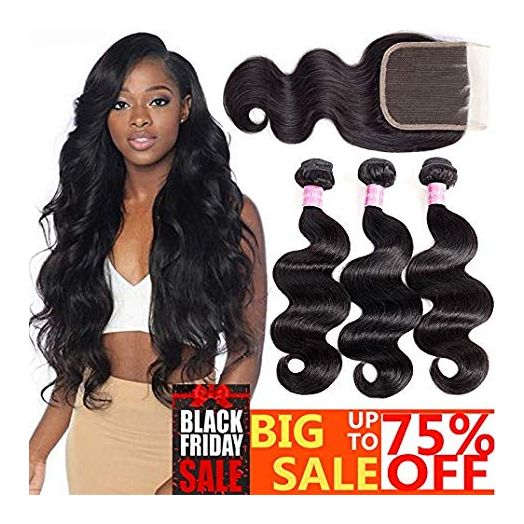10A Brazilian Body Wave 100% Unprocessed Human Hair 3 Bundles With Closure(14 16 18+12,Three part Natural Color) Body Wave Brazilian Human Hair Bundles With Closure