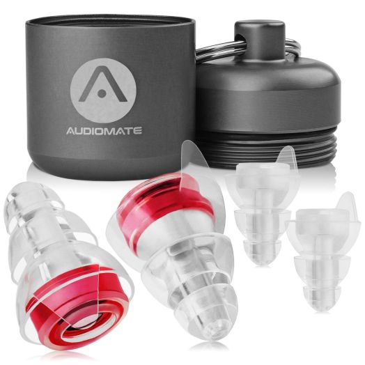 Audiomate High-Fidelity Earplugs with Metal Keychain Carry Case and 2 Interchangeable Earbuds | Comfortable Soft Silicone | HiFi Noise Attenuating Ear Plugs for Musicians, Concert, Sleeping and More