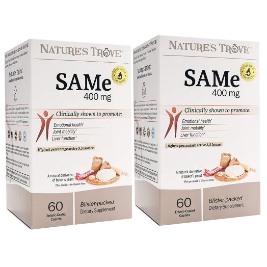SAM-e 400mg 120 Enteric Coated Caplets (2 Boxes of 60) - Vegan, Kosher, Non-GMO, Soy Free, Gluten Free - Promotes Positive Mood And Joint Comfort - Cold Form Blister Packed - by Nature's Trove
