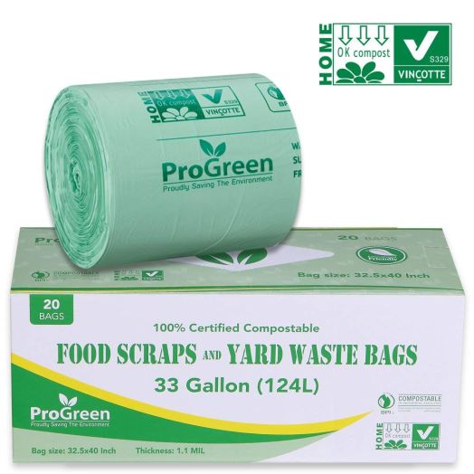 ProGreen 100% Compostable Bags 33 Gallon, Extra Extra Thick 1.1 Mil, 20 Count, Extra Large Lawn And Leaf Trash Bags, Biodegradable ASTM D6400 BPI And VINCOTTE Certified