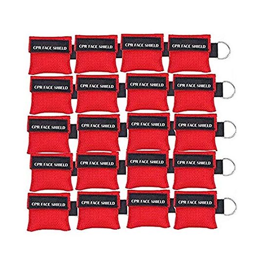 LSIKA-Z CPR Mask Keyring Pack of 20pcs Emergency Kit Rescue Face Shields with One-Way Valve Breathing Barrier for First Aid or AED Training (Red-20)