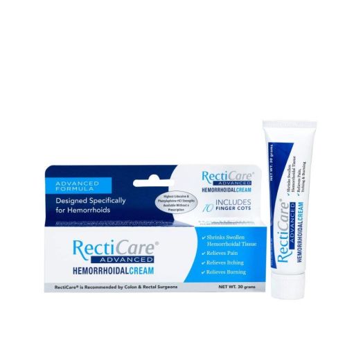 RectiCare Advanced Hemorrhoidal Cream: Advanced Treatment to Shrink and Soothe Hemorrhoids - Itch, Pain, Bu Relief - 30g Hemorrhoidal Cream with Lidocaine, 8 Flushable Wipes and 10 Non Latex Finger Cots