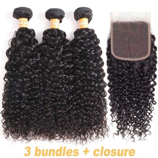 VTAOZI Hair Brazilian Virgin Curly Hair 3 Bundles with Lace Closure Free Part 100% Unprocessed Brazilian Kinky Curly Human Hair Bundles with 4x4 Lace Closure Natural Color (10 12 14 + 10 Free Part)