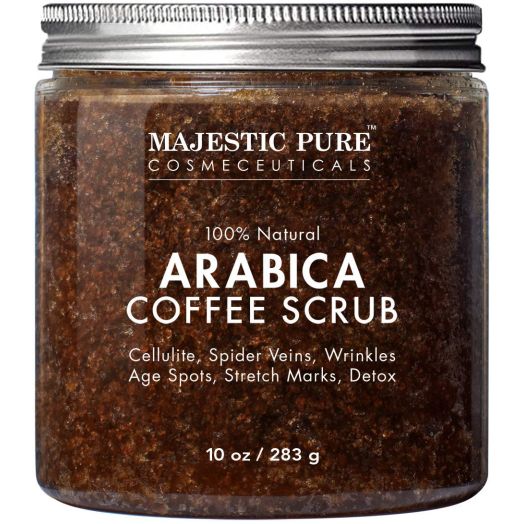 Majestic Pure Arabica Coffee Scrub - All Natural Body Scrub for Skin Care, Stretch Marks, Acne and Cellulite, Reduce the Look of Spider Veins, Eczema, Age Spots and Varicose Veins - 10 Oz