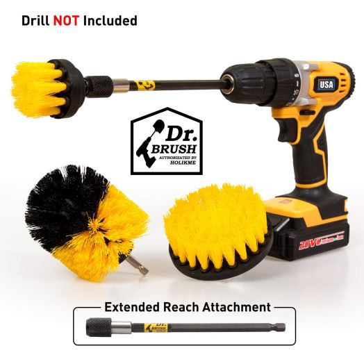 Holikme 1 4Pack Power Scrubber Cleaning Extended Long Attachment Set All Purpose Revolver Rim Drill Scrub Brushes Kit for Grout, Floor, Tub, S, one, Yellow