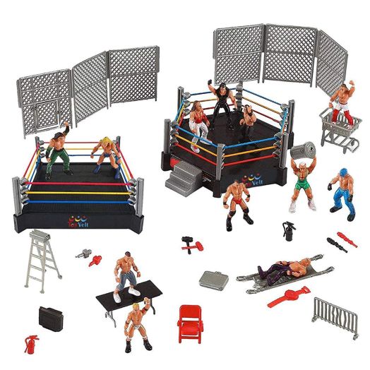 Ultimate 32-Piece Wrestling Playset for Kids | WWE Wrestler Warriors Toys with Ring and Realistic Accessories | Fun Miniature Fighting Action Figures | Includes 2 Rings | Idea