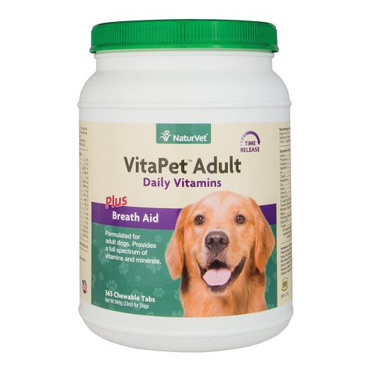 NaturVet VitaPet Adult Daily Vitamins Plus Breath Aid for Adult Dogs, 365 ct Time Release, Chewable Tablets, Made in USA