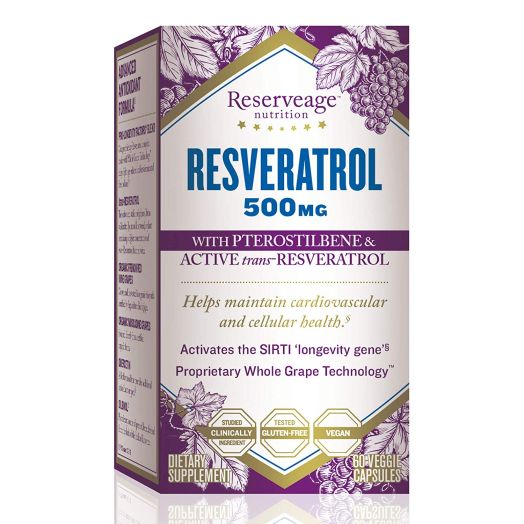 Reserveage - Resveratrol 500mg, Antioxidant Support for a Healthy Heart and Age Defying, Youthful Looking Skin with Organic Red Grapes and Quercetin, Gluten Free, Vegan, 60 Capsules
