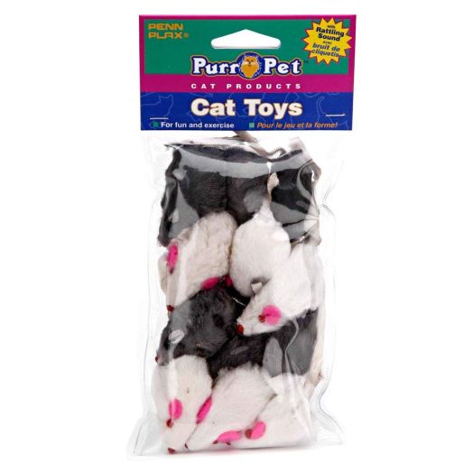 Penn Plax Play Fur Mice Cat Toys Mixed Bag of 12 Play Mice with Rattling Sounds 3 Color Variety Pack - CAT531, black and white