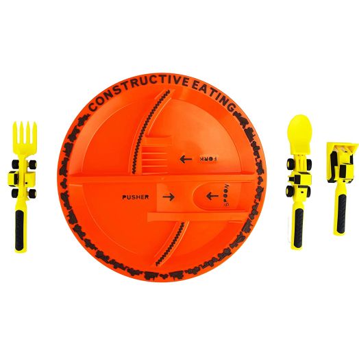 Constructive Eating Construction Plate with Construction Utensil Set for Toddlers, Babies, Infants and Kids - Flatware Toys are Made in the USA with FDA Approved Materials for Safe and Fun Eating