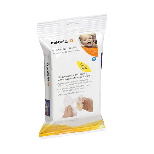 Medela, Quick Clean Breast Pump and Accessory Wipes, Convenient Portable Cleaning, Hygienic Wipes Safe for Tables, Chairs, Cribs, and Countertops, 24 Wipes Per Resealable Pack