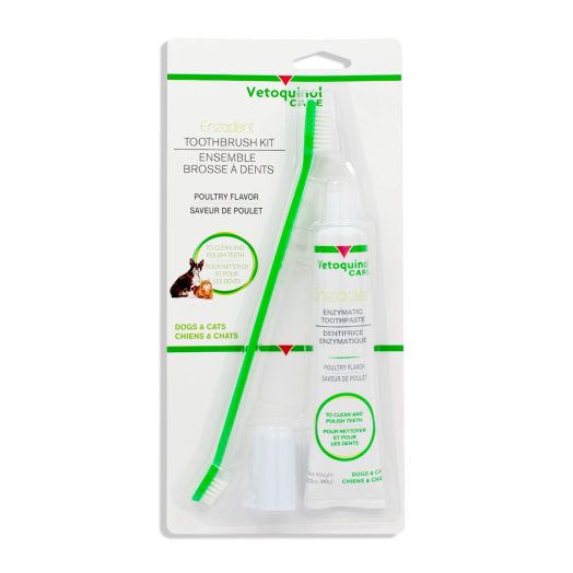 Vetoquinol Enzadent Enzymatic Toothpaste Kit + Fingerbrush and Dual-End Toothbrush for Cats and Dogs  3.2 oz, Poultry Flavor  Oral Dental Care Kit: Removes Plaque, Polishes Teeth and Freshens Breath