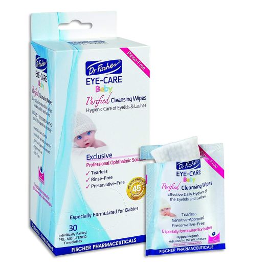 Purified, Non Irritating, Tear Free, Hypoallergenic and Sensitive Approved Baby Eyelid Wipes by Dr. Fischer  Pre-moistened, Rinse Free and Pediatrician Recommended - (30)