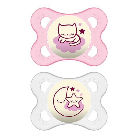 MAM Glow In the Dark Pacifiers, Baby Pacifier 0-6 Months, Best Pacifier for Breastfed Babies, 'Night' Design Collection, Girl 2-Count