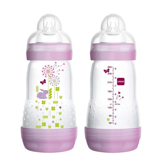 MAM Baby Bottles for Breastfed Babies, MAM Baby Bottles Anti Colic, Girl, 9 Ounces, 2-Count   (Designs/Colors may vary)