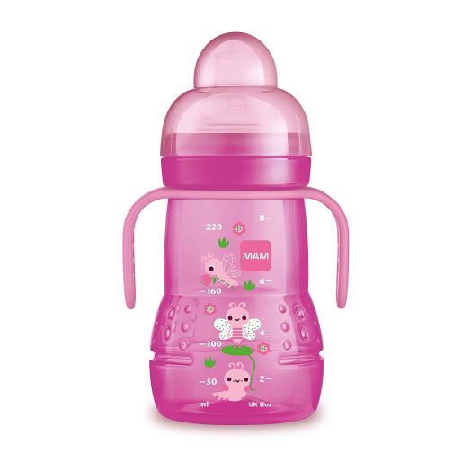 MAM Trainer Cup (1 Count), 8 oz. Trainer Drinking Cup with Extra-Soft Spout, Spill-Free Nipple, and Non-Slip Handles, for Girls 4+ Months, Designs May Vary