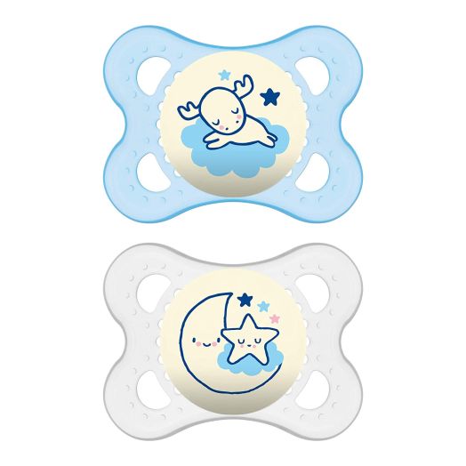 MAM Glow In the Dark Pacifiers, Baby Pacifier 0-6 Months, Best Pacifier for Breastfed Babies, "Night" Design Collection, Boy, 2-Count (Styles May Vary)