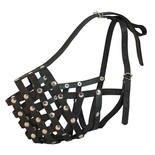 Secure Leather Mesh Basket Dog Muzzle - Rottweiler Male(Circumference 14.5", Snout Length 3.5")