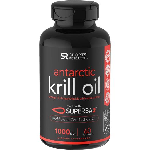 Sports Research Antarctic Krill Oil (Double Strength) with Omega-3s EPA, DHA and Astaxanthin (60 Softgels, 1000mg)