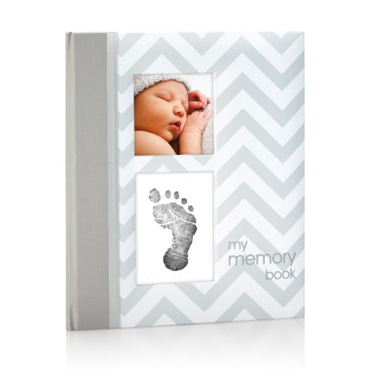 Pearhead First 5 Years Chevron Baby Memory Book with Clean-Touch Baby Safe Ink Pad to Make Baby's Hand or Footprint Included, Gray