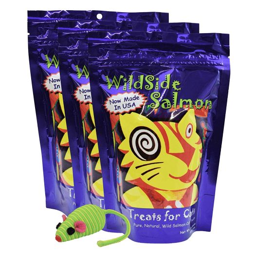 WildSide Wild Alaskan Freeze Dried Salmon USA MADE 3oz Cat Treats (3 Pk) + Mouse